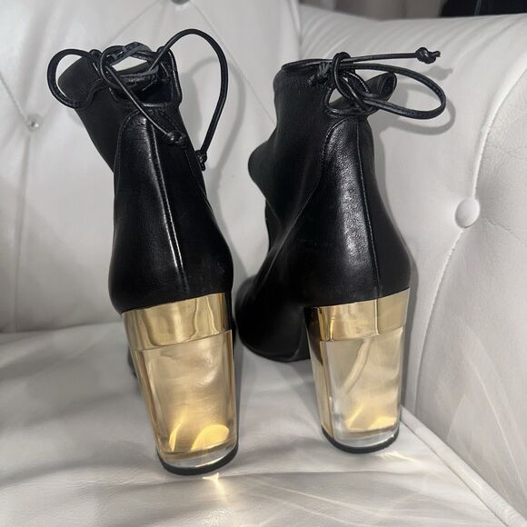 Stuart Weitzman Black Leather Ankle Boot Lucite Gold Block Heels Tie Back Size 9 - Picture 6 of 9